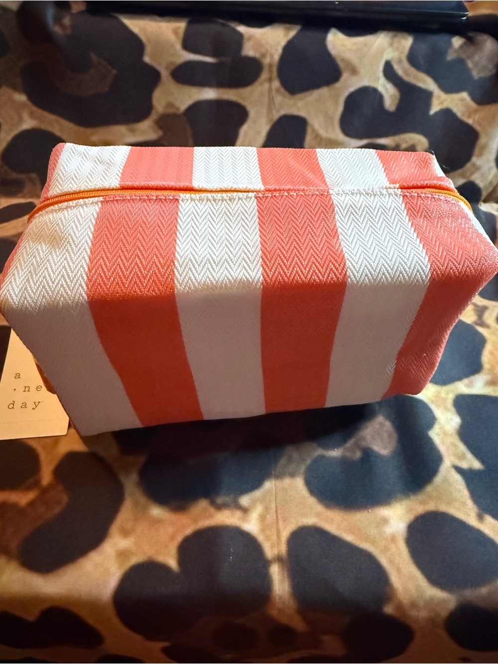 A New Day- Striped Coral and White Canvas Pouch